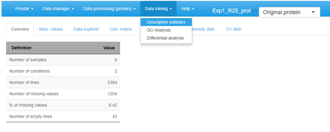 Home screen of the Descriptive statistics menu
