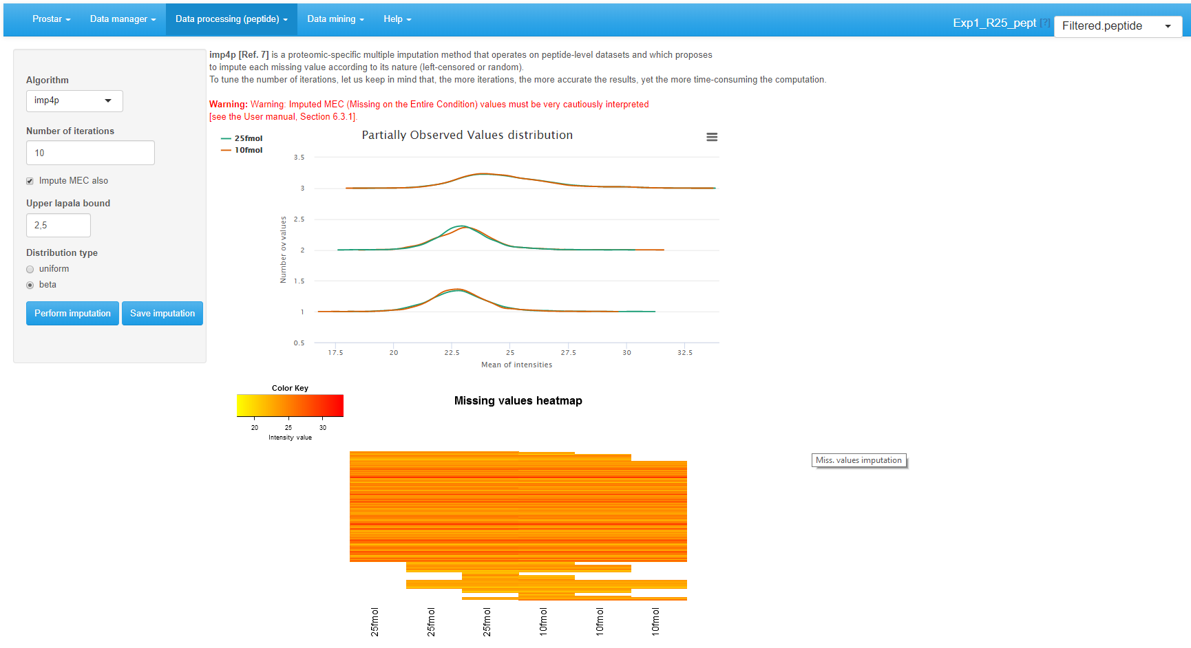 Interface of the imputation of missing values tool.